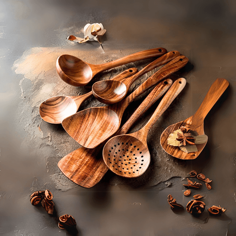 Teak wood utensils close-up showing unique natural grain pattern