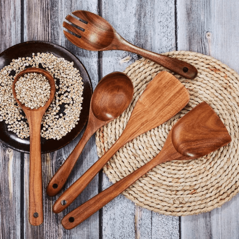 Complete set of hand-carved teak wood spatula, spoons, turner and pasta fork