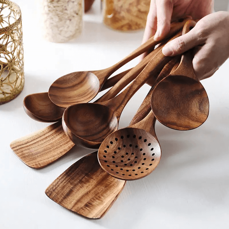 Natural teak wood kitchen utensils styled in modern Australian kitchen