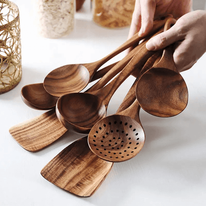 Natural teak wood kitchen utensils styled in modern Australian kitchen