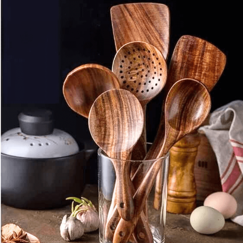 Handcrafted teak wood kitchen utensil set with ceramic holder - Living Mozaic
