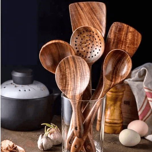 Handcrafted teak wood kitchen utensil set with ceramic holder - Living Mozaic